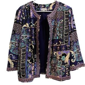 Joan Rivers Purple Paisley Print Embellished Open Front Jacket Blazer L